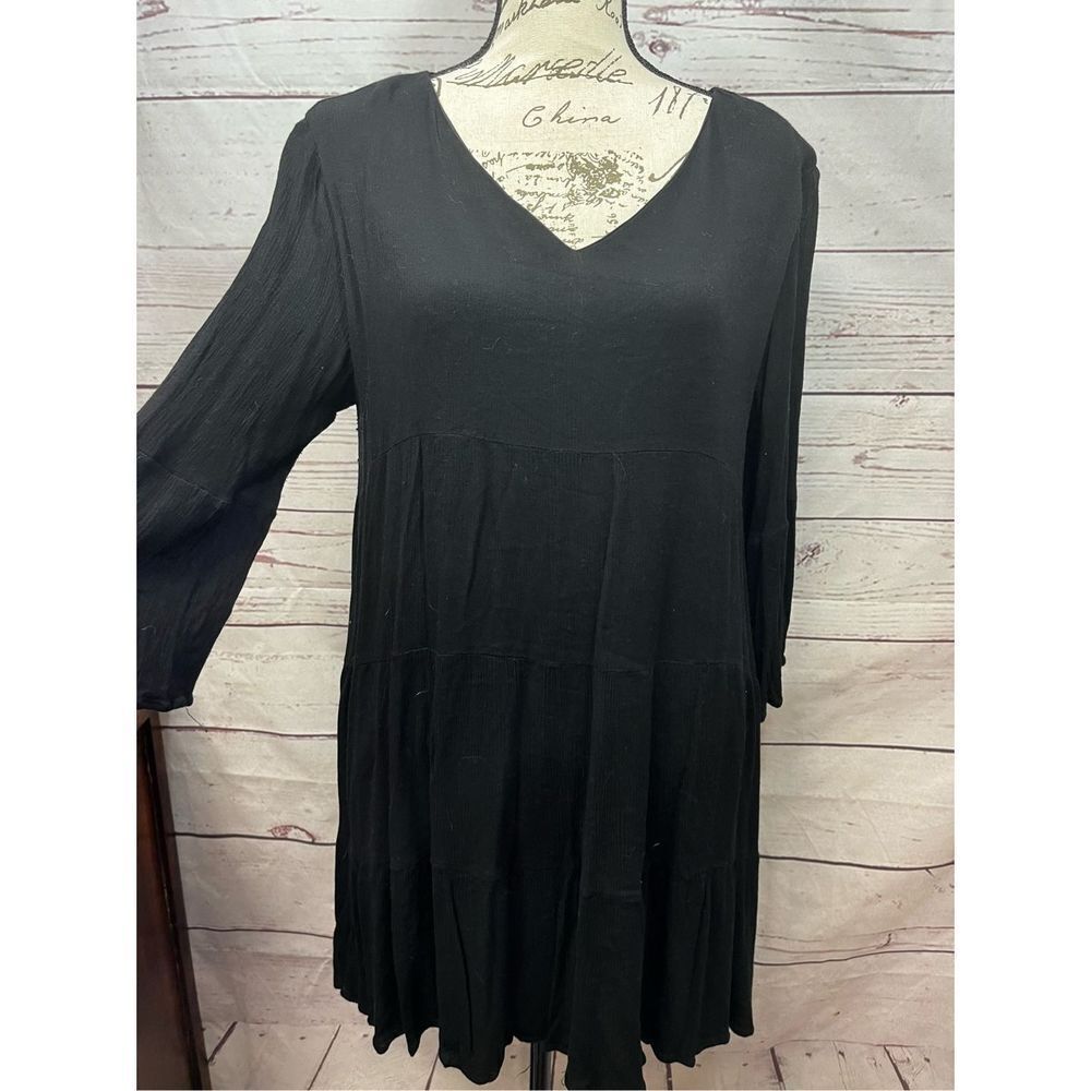 Altard State Black V Neck Tiered Long Sleeve Dress L